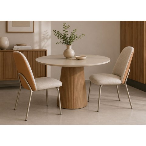 Kit 2 Cadeiras de Jantar Linho Areia com Courino Caramelo