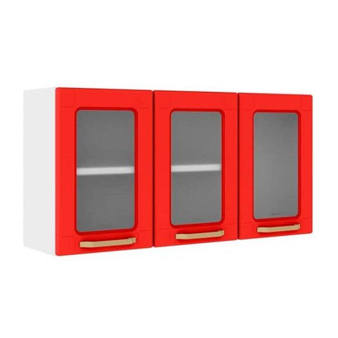 Armário Aéreo Cozinha Modulado Colors 6010 3 Portas c/ Vidro Branco/Vermelho - Bertolini