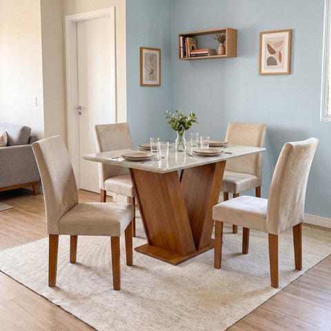 Conjunto Mesa de Jantar com 4 Cadeiras Estofadas e Tampo de Vidro 120x80x80cm Off White