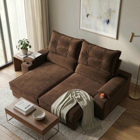 Sofá Retrátil Santiago 2 Lugares com Porta-Copos USB 150cm Marrom Suede