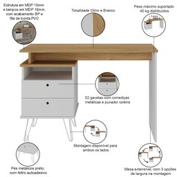 Mesa para Escritório Escrivaninha Home Office Versa A02 Olmo Branco - Lyam Decor - 4