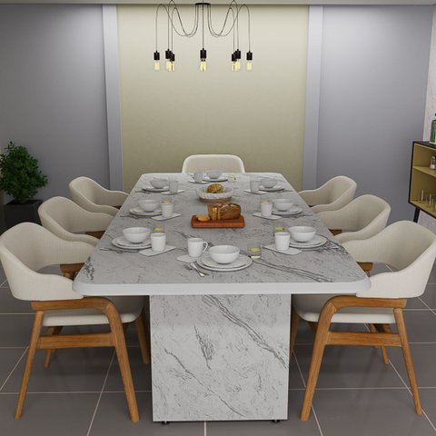 Mesa de Jantar Retangular Mdf 220x80 Estampa Mármore Branco Base Pérola Sofisticada