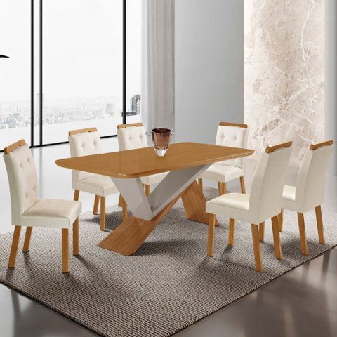 Mesa de Jantar Yasmin 180cm Tampo Mdf Laminado Canto Copo com 6 Cadeiras Carol