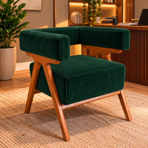 Poltrona Decorativa Mirela Suede Design Moderno Pés Madeira: Verde Royal