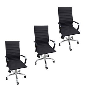 Kit 3 Cadeiras Eames Esteirinha Presidente Escritório Alta Preta