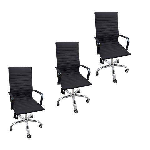 Kit 3 Cadeiras Eames Esteirinha Presidente Escritório Alta Preta