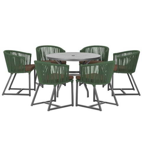 Mesa com 6 Cadeiras de Jantar Roma 120cm e Noronha em Alumínio Preto Corda Náutica Estofado 9 Trama