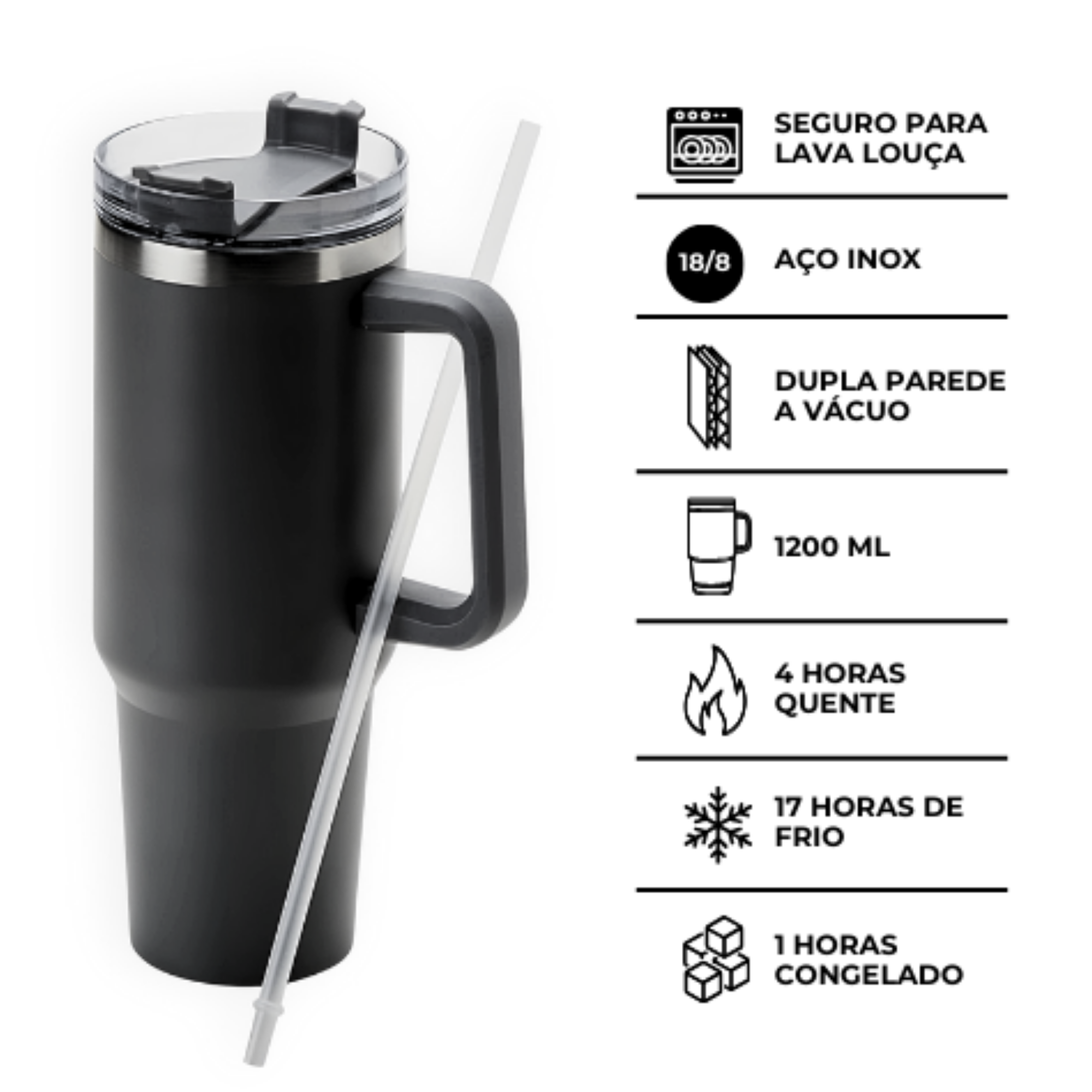 Copo Térmico Cor Branco Grande 1200 Ml Canudo Parede Dupla - 5