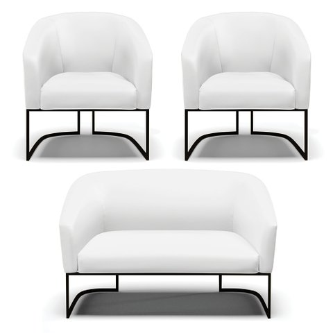 Sofá Namoradeira e 2 Poltronas Base Industrial Preto Stella Corino Branco D03 - D'Rossi