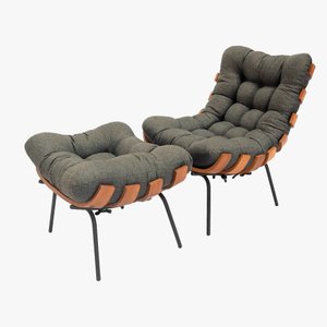 Poltrona Costela Premium + Puff Decorativo Luxo Linho Chumbo