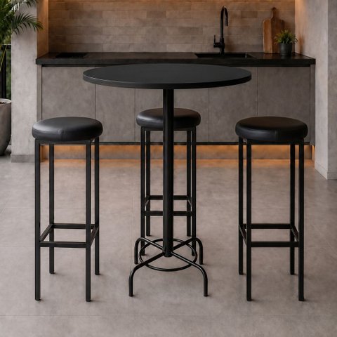 Conjunto Mesa Bistrô Alabama com 3 Banquetas Estofadas Kassel Cor Preto - Kmj