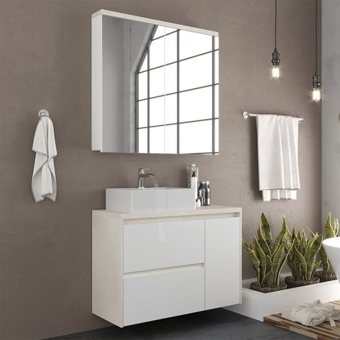 Gabinete de Banheiro 90cm com Cuba e Espelheira Branco/Arenito