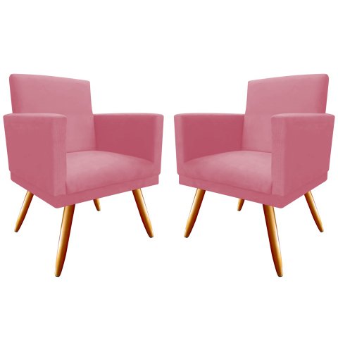 Kit 2 Poltronas Decorativa Bia Suede Rosa Pés Madeira Mz Decor