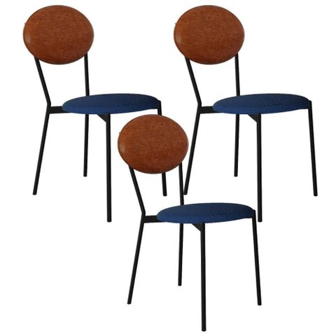 Kit 03 Cadeiras Estofada para Sala de Jantar Azuri Preto C01 Linho Azul Courino Caramelo - Lyam
