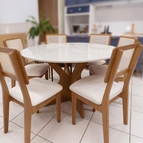 Conjunto Mesa de Jantar Mesa 6 Lugares Tampo MDF 100% MDF Off White com Freijó e Cesare Claro Dalla