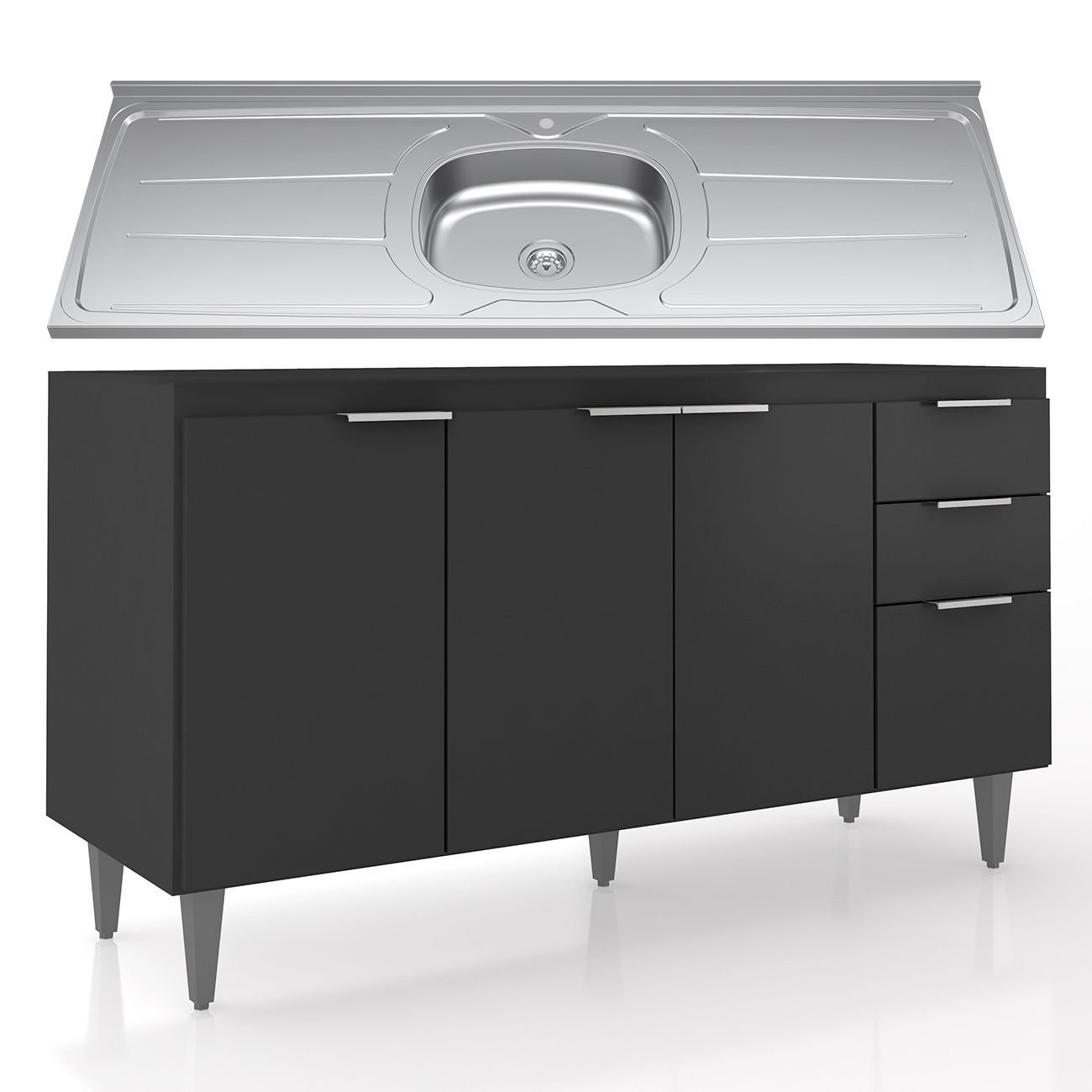Balcão de Cozinha com Pia Inox 150cm Pérola Z34 Preto - Mpozenato