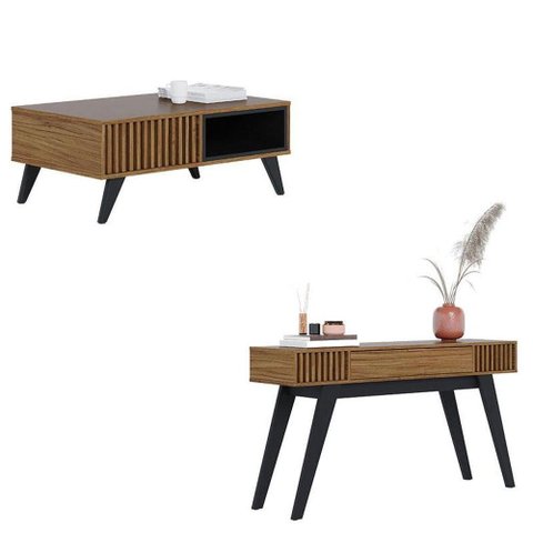 Mesa de Centro Jeri Noce Milano Preto Acetinado com Aparador para Sala Riviera Noce Milano - Colibri