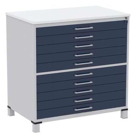 Mapoteca 10 Gavetas Pandin 120 Cm (larg) Inmetro Tampo Mdp Branco Estrutura Aço Cinza Gavetas Azul