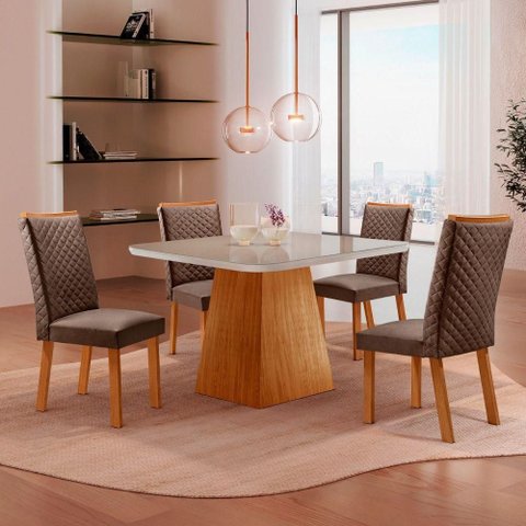 Mesa de Jantar Aida Lira 4 Lugares Tampo MDF Vidro Canto Copo Veludo Marrom Nat Off 90cm Moderna