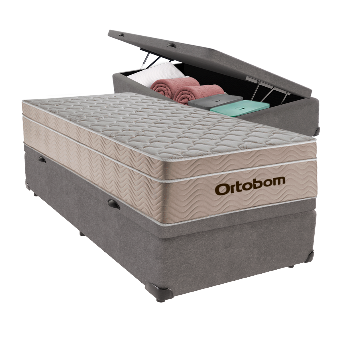 Cama Box Baú Solteiro Cinza e Colchão Airtech Springpocket Molas Ensacadas Ortobom