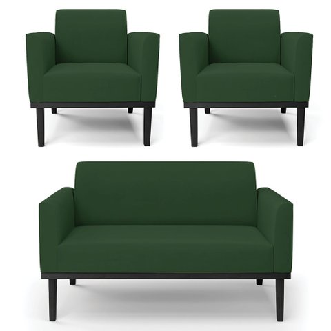 Sofá Namoradeira e 2 Poltronas Base Madeira Preto Maressa Veludo Verde - Ibiza