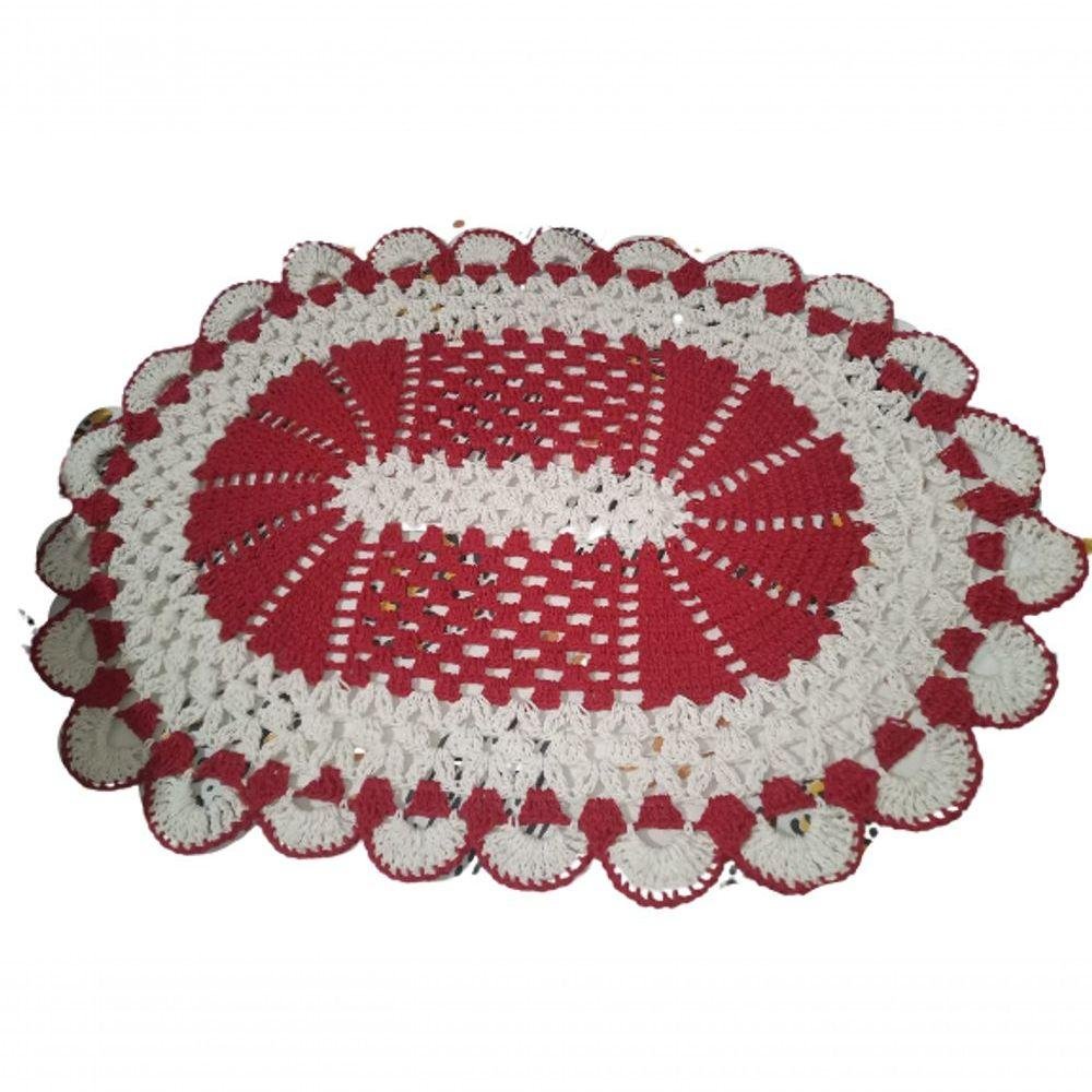 Tapete Crochê Oval Sala Quarto Branco Vermelho Cozinha 75x55