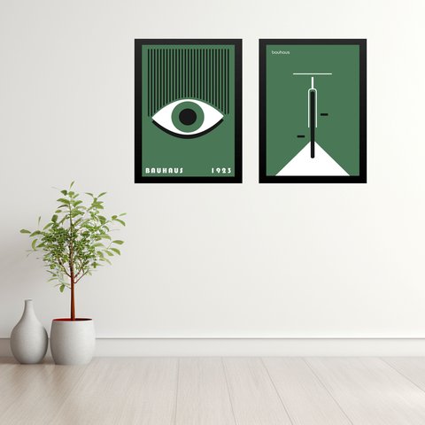 Kit 2 Quadros Artes Bauhaus Verde - Olho e Bike 33x24cm - com Vidro:moldura Branca
