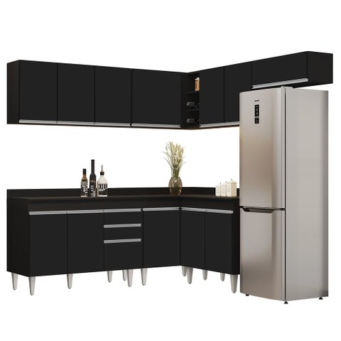 Armário de Cozinha Modulado de Canto 7 Peças Cp20 Balcão com Tampo Preto - Lumil Lumil Móveis