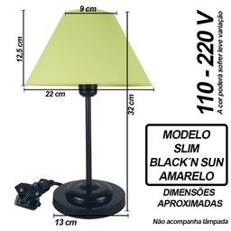 Abajur Slim Black´n Sun Luminária de Mesa Fino Quarto Sala – Base Preto Cúpula Amarelo - 2