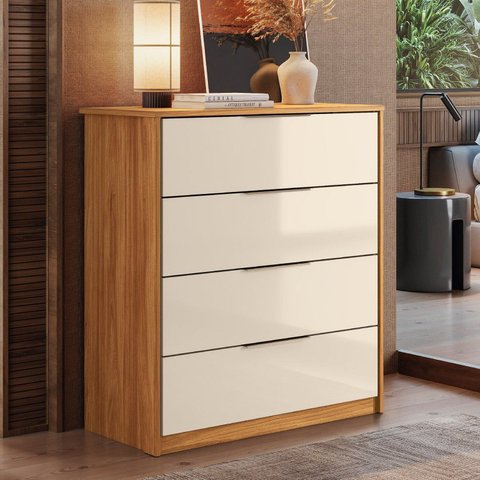 Cômoda para Quarto com 4 Gavetas Alia Amarelo/Cinamon/Off White