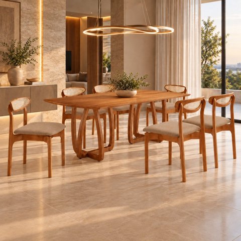 Conjunto de Mesa de Jantar Ello Tampo 180cm Barril Laminado com 6 Cadeiras Mônaco Premium