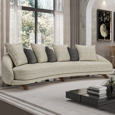 Sofá Living 3 Lugares 265cm Pés Madeira Morales com Almofadas Linho Bege Areia/Cinza G52 - Gran Belo