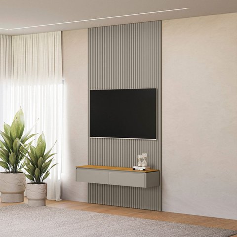 Painel Ripado Modular 141cm Ozero Mdp/mdf Nicho Arredondado Gris/tauari Fosco G77 - Gran Belo