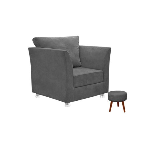 Kit 01 Poltrona Lisboa Decorativa + 01 Puff Redondo Decorativo Suede Grafite