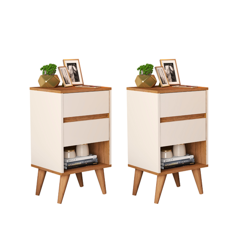 Kit 2 Mesas de Cabeceira, Criado Retrô Pés Palito Quarto Cantinho Decorado 2 Gavetas 1 Nicho Duda:of