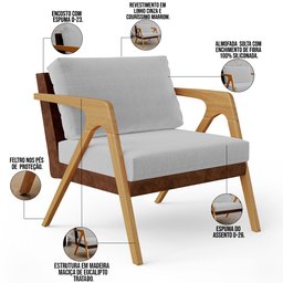 Poltrona Decorativa Para Sala De Estar Pietra L02 Couríssimo Marrom Linho Cinza - Lyam Decor - 4