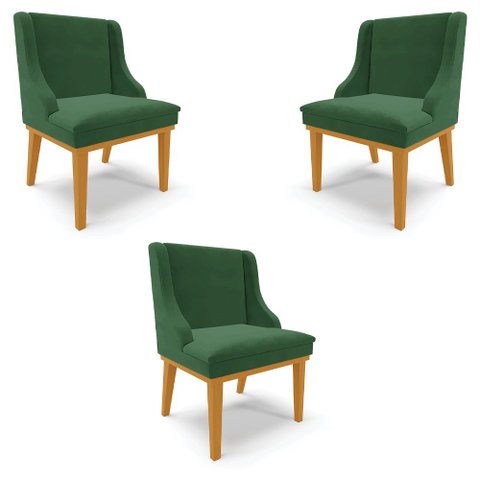 Kit 3 Cadeiras Decorativas Sala de Jantar Base Fixa de Madeira Firenze Veludo Verde Esmeralda/Castan