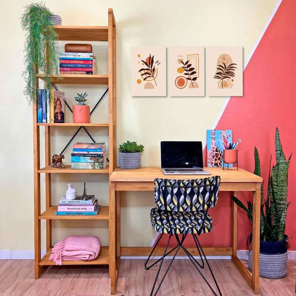 Home Office Escrivaninha e Estante de Madeira Pinus Linea Slim Nozes