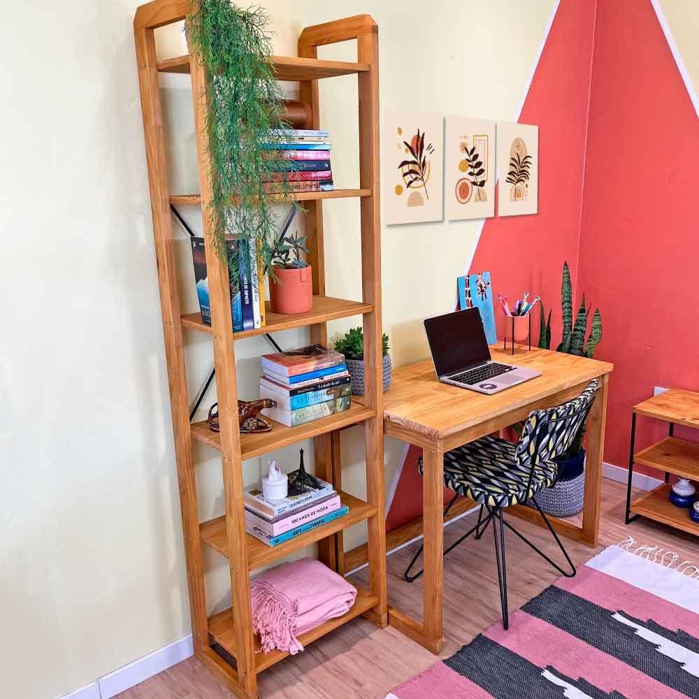 Home Office Escrivaninha e Estante de Madeira Pinus Linea Slim Nozes - 2
