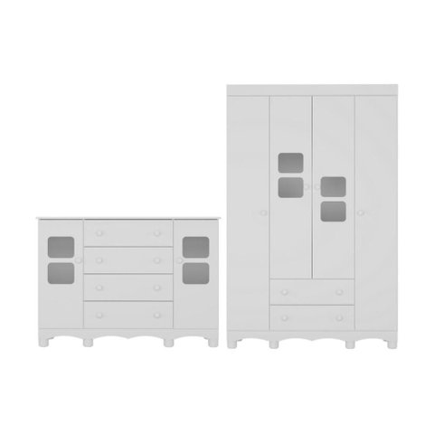 Quarto de Bebê Completo com Guarda-roupas 4 Portas e Cômoda Luna Multimóveis Mp4797 Branco