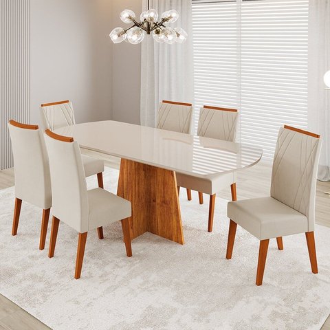 Conjunto Sala de Jantar 6 Lugares Tampo Barril de Vidro/MDF Selecto Yescasa Bege/Mel/Off White