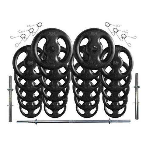 Kit com 80 Kg de Anilhas Ferro Fundido + Barras de Supino e Halteres