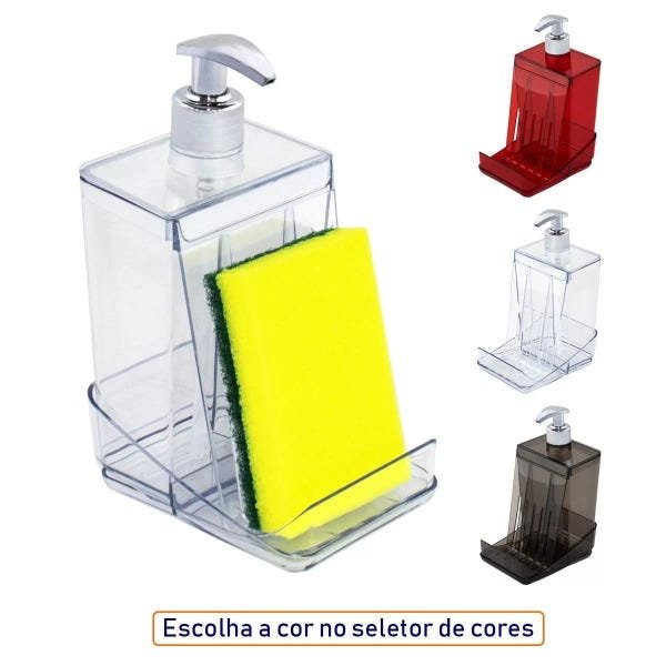 Dispenser Detergente Translúcido 500ml Porta Esponja Desmontável - Transparente - 2
