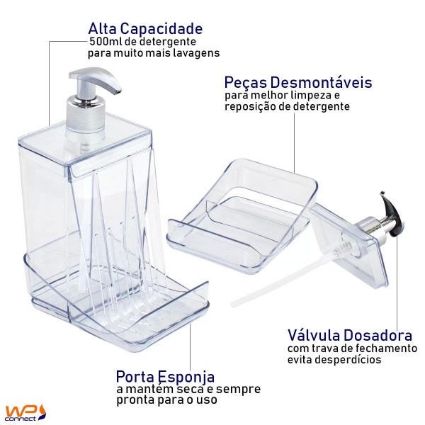 Dispenser Detergente Translúcido 500ml Porta Esponja Desmontável - Transparente - 3
