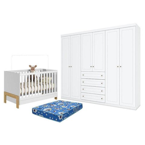 Kit Berço Mini Cama Fantasia 6 Portas 4 Gavetas MDP-MDF Branco Qmovi