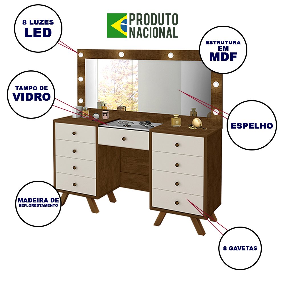 Penteadeira Camarim Grande Mila com 8 Gavetas e Luzes Led com Espelho Off White - 2