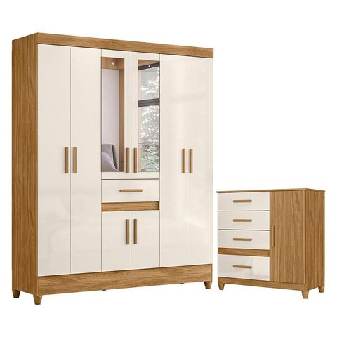 Guarda Roupa Casal Portugal com Espelho e Cômoda Vênus com Pés Freijó Off White – Moval