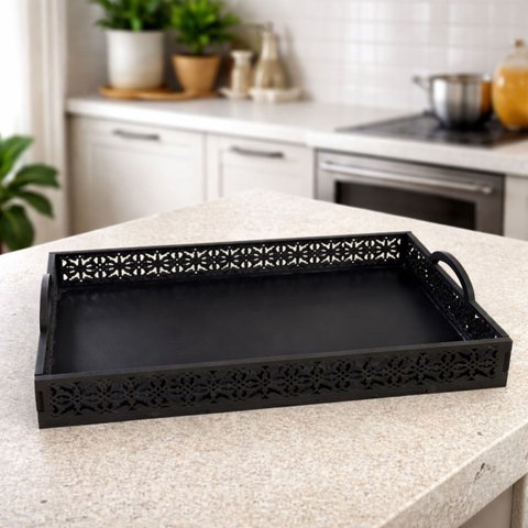 Bandeja Mdf Lisa C/ Detalhe Elegante Alça P/ Café Decoração:preto