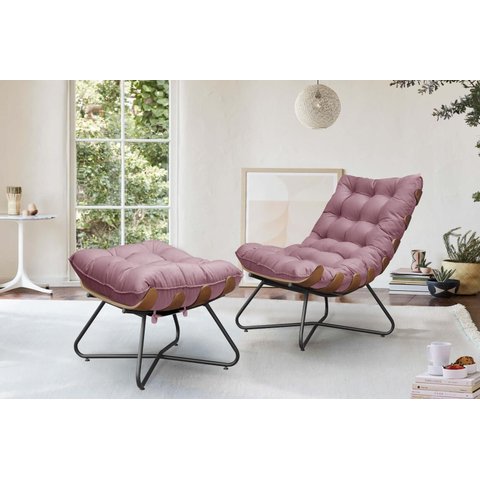 Poltrona Costela Decorativa com Puff Madeira Eva Preto - Rose