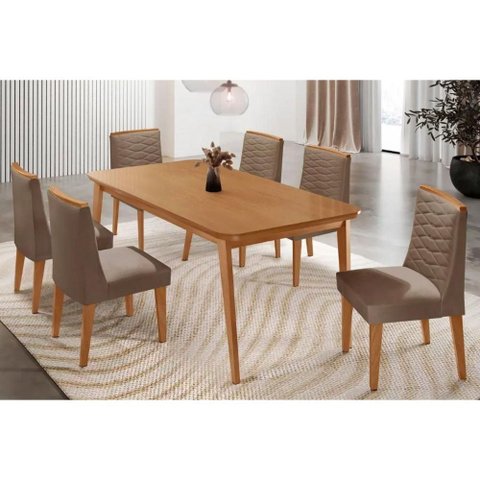 Sala Jantar Mesa Havana Tampo Curvo 180cm+6 Cadeiras Maldivas Madeira Naturale - Capuccino/suede